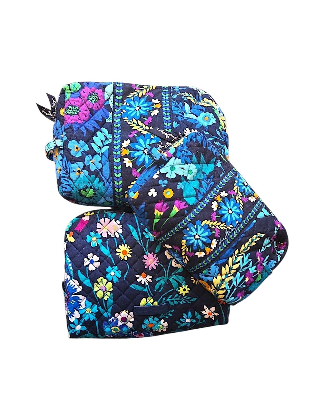 Vera Bradley Travel Set of Blue Floral Quilted Cosmetic Pouch Trio Set Of 3